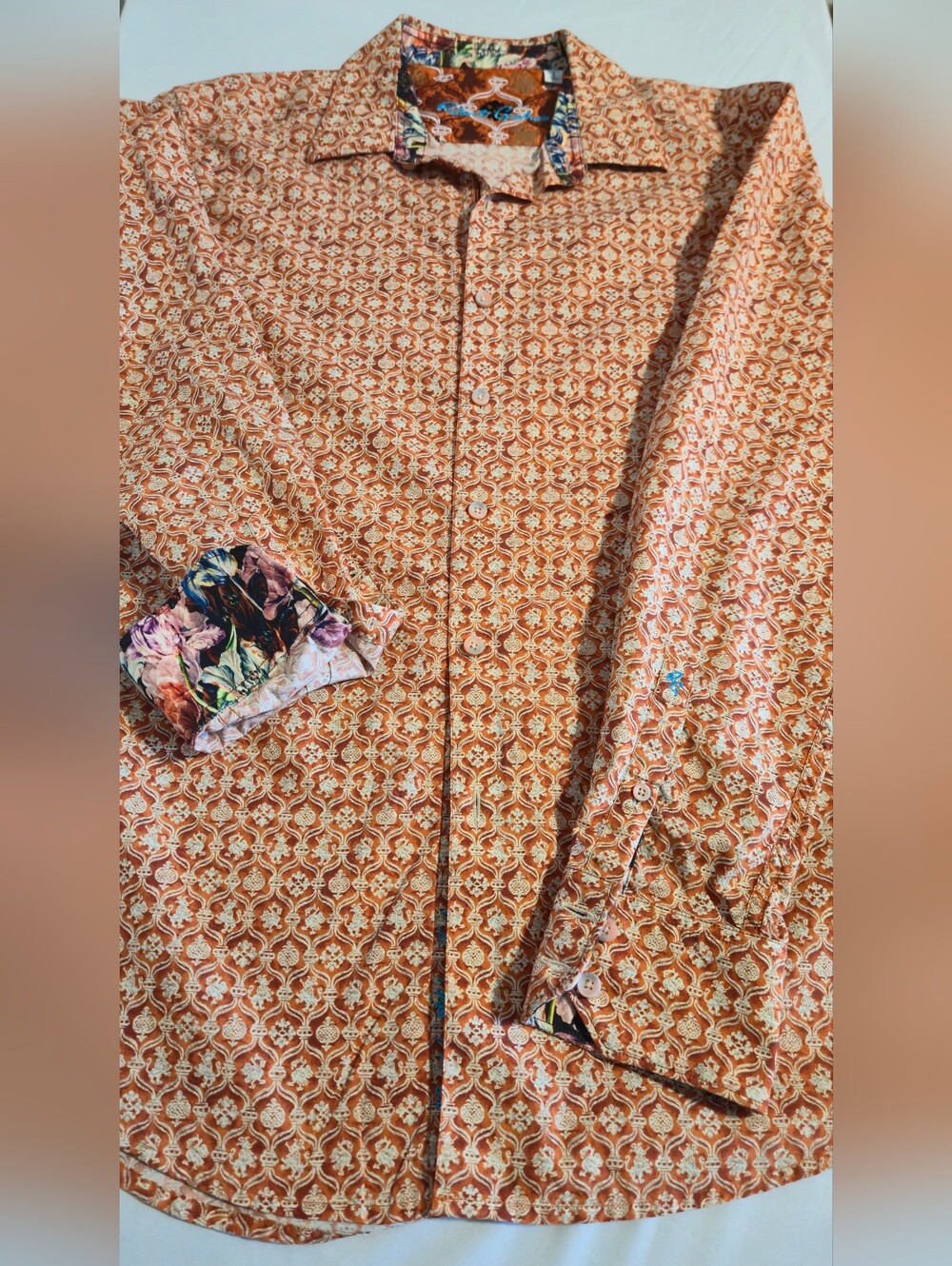 Robert Graham Orange Geometric Print Dress Shirt with Floral Contrast